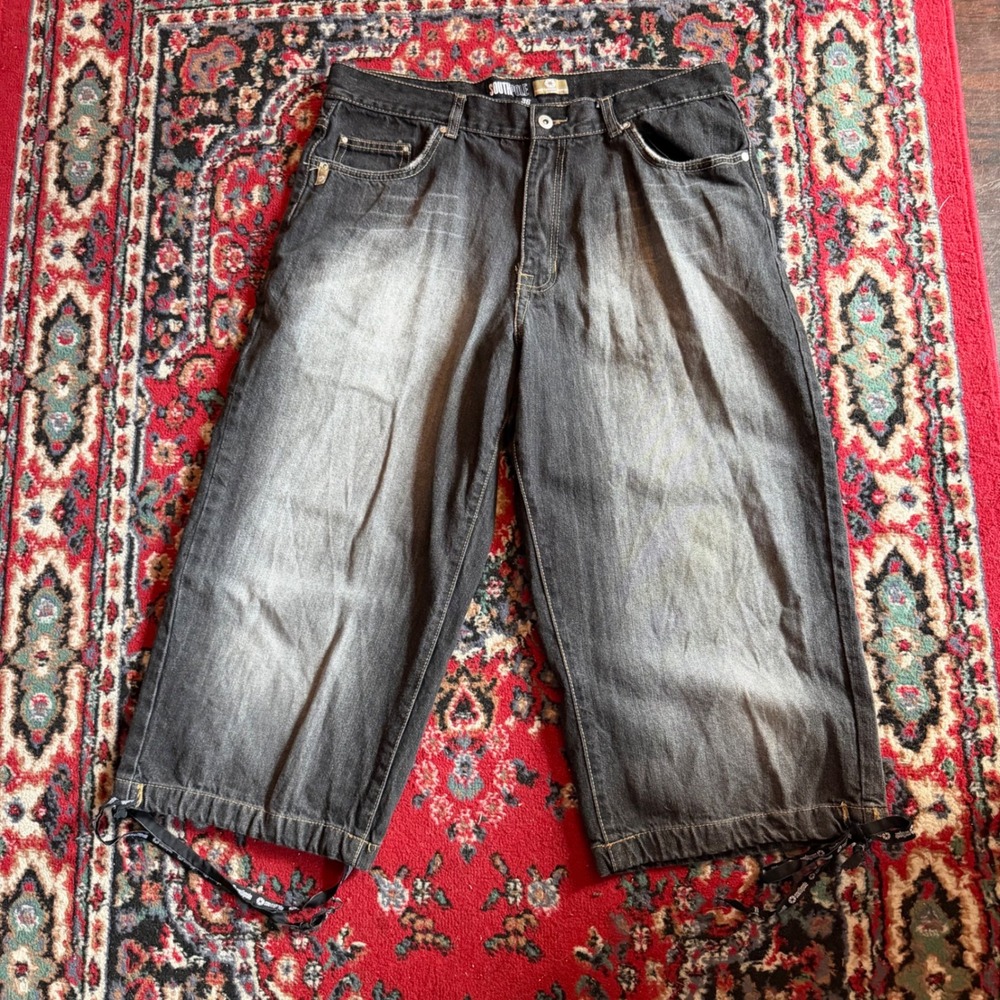 Southpole Mens Baggy Denim Shorts Black Faded Y2K Streetwear tagged 36 Waist 33